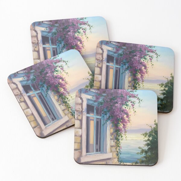Item preview, Mediterranean Bougainvillea Window – Coastal Stone Wall Sunset Impressionist Art designed and sold by Ledadi.