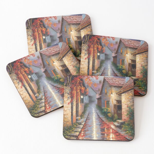 Item preview, Autumn Village Path – Rainy Cobblestone Street Rustic Fall Evening Artwork designed and sold by Ledadi.