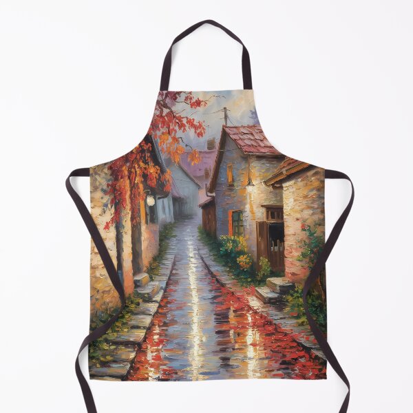 Item preview, Autumn Village Path – Rainy Cobblestone Street Rustic Fall Evening Artwork designed and sold by Ledadi.