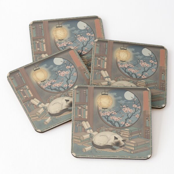 Item preview, Quiet Study Glow: Siamese Cat Napping Among Scrolls in an Edo-Style Room designed and sold by lolainprogress.