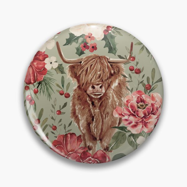 Item preview, Highland Cow Vintage Christmas Floral on Sage Green designed and sold by cateandrainn.