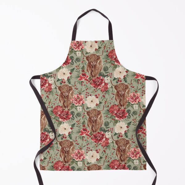 Item preview, Highland Cow Vintage Christmas Floral on Sage Green designed and sold by cateandrainn.
