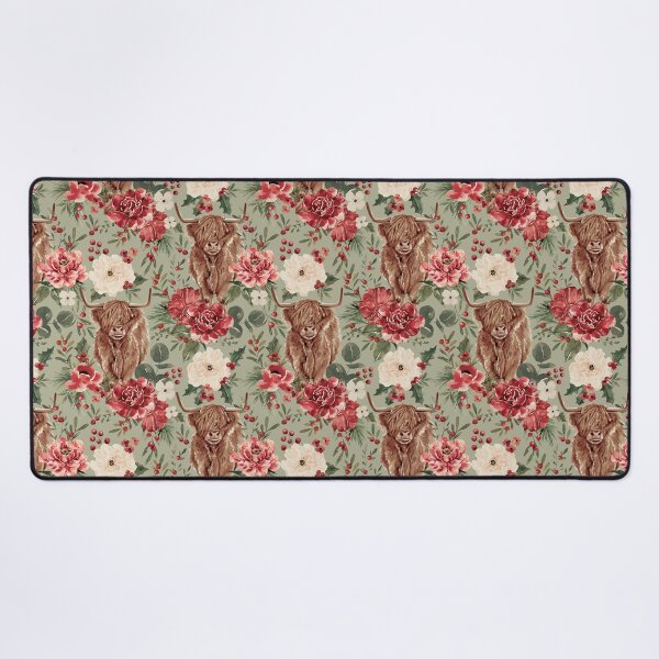 Item preview, Highland Cow Vintage Christmas Floral on Sage Green designed and sold by cateandrainn.