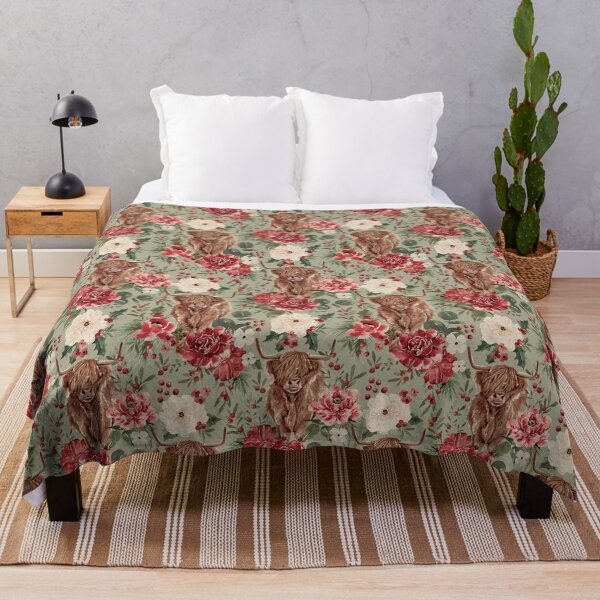 Item preview, Highland Cow Vintage Christmas Floral on Sage Green designed and sold by cateandrainn.
