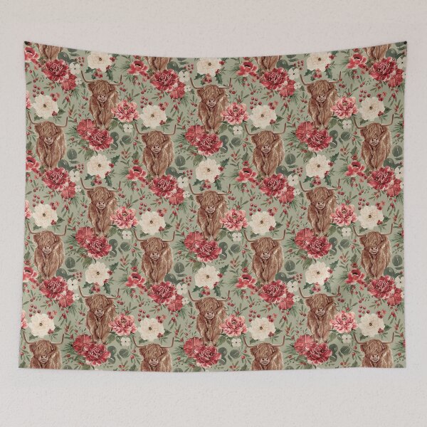 Item preview, Highland Cow Vintage Christmas Floral on Sage Green designed and sold by cateandrainn.