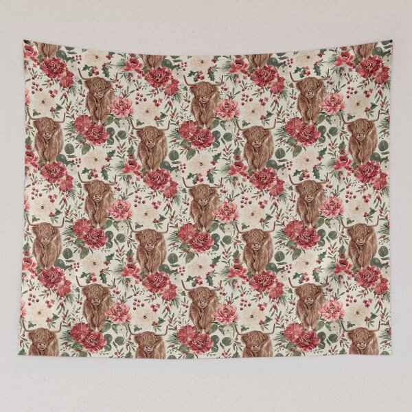 Item preview, Highland Cow Vintage Christmas Floral on Cream designed and sold by cateandrainn.