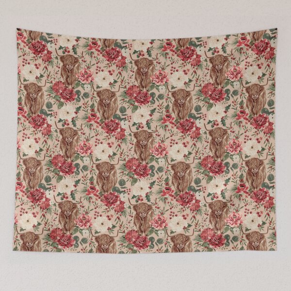 Item preview, Highland Cow Vintage Christmas Floral on Blush Pink designed and sold by cateandrainn.