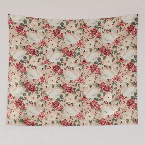 Item preview, Vintage Christmas Swan Floral on Blush Pink designed and sold by cateandrainn.