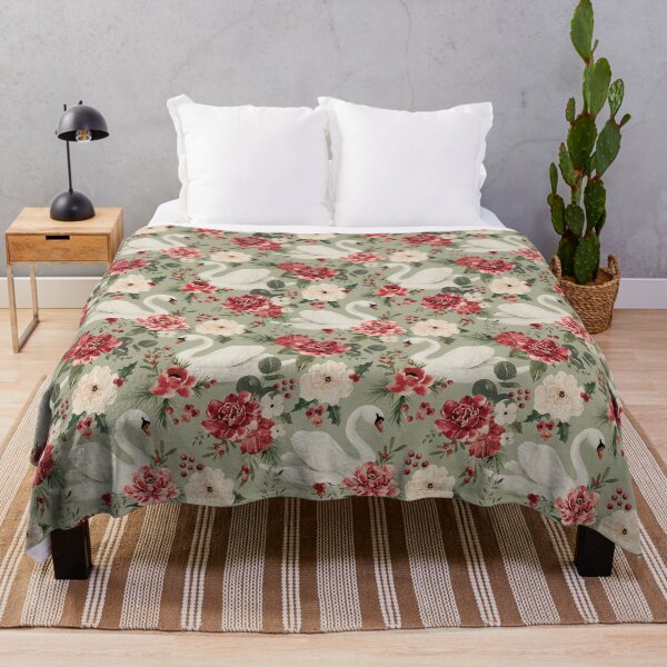 Item preview, Vintage Christmas Swan Floral on Sage Green designed and sold by cateandrainn.