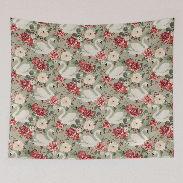 Item preview, Vintage Christmas Swan Floral on Sage Green designed and sold by cateandrainn.