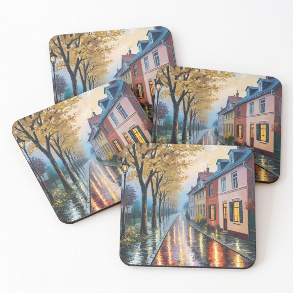 Item preview, Autumn Rainy Street – Golden Village Cobblestone Impressionist Evening Scene designed and sold by Ledadi.