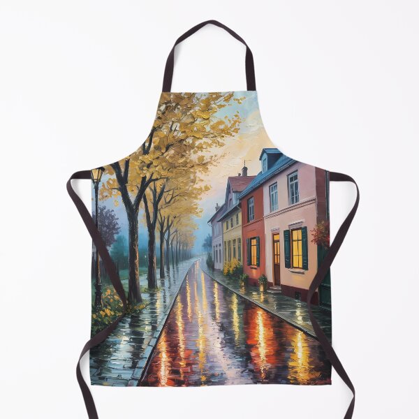 Item preview, Autumn Rainy Street – Golden Village Cobblestone Impressionist Evening Scene designed and sold by Ledadi.