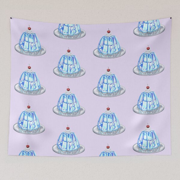 Item preview, Blue sweet jelly with cream and a cherry, on a silver plate designed and sold by katecheerycake.