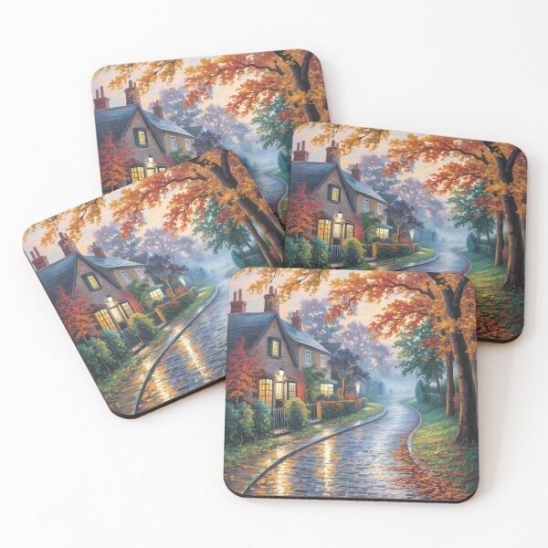Item preview, Autumn Village Lane – Rainy Cobblestone Path Cozy Fall Cottage Artwork designed and sold by Ledadi.