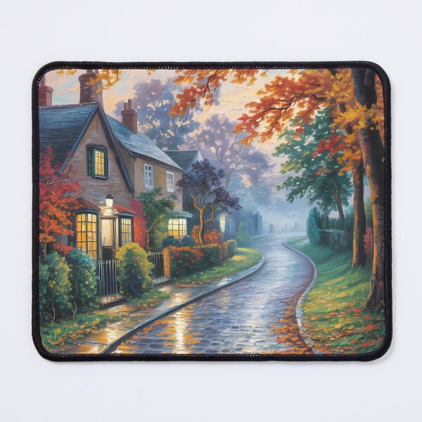 Item preview, Autumn Village Lane – Rainy Cobblestone Path Cozy Fall Cottage Artwork designed and sold by Ledadi.