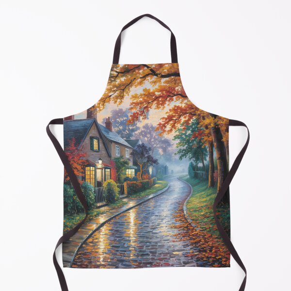 Item preview, Autumn Village Lane – Rainy Cobblestone Path Cozy Fall Cottage Artwork designed and sold by Ledadi.