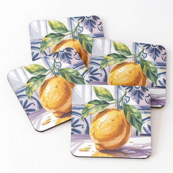 Item preview, Mediterranean Lemon Watercolor – Italian Citrus Art with Blue Tile Pattern designed and sold by Ledadi.