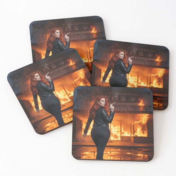 Item preview, Fiery Femme Fatale in Leather Smoking Outside Burning Building. designed and sold by Spark2Seduction.