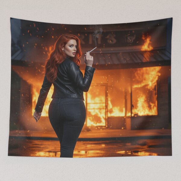 Item preview, Fiery Femme Fatale in Leather Smoking Outside Burning Building. designed and sold by Spark2Seduction.