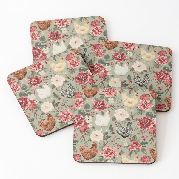 Item preview, Watercolor Chicken Floral, Elegant Vintage Christmas on Sage Green designed and sold by cateandrainn.