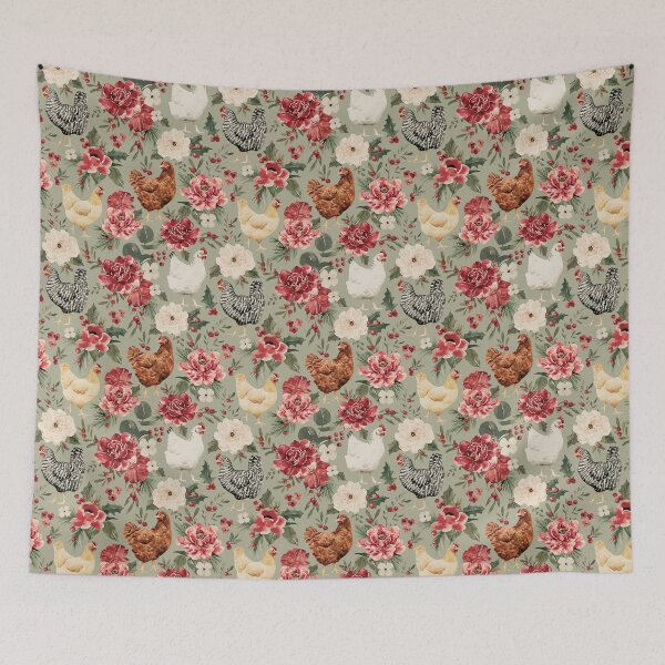 Item preview, Watercolor Chicken Floral, Elegant Vintage Christmas on Sage Green designed and sold by cateandrainn.