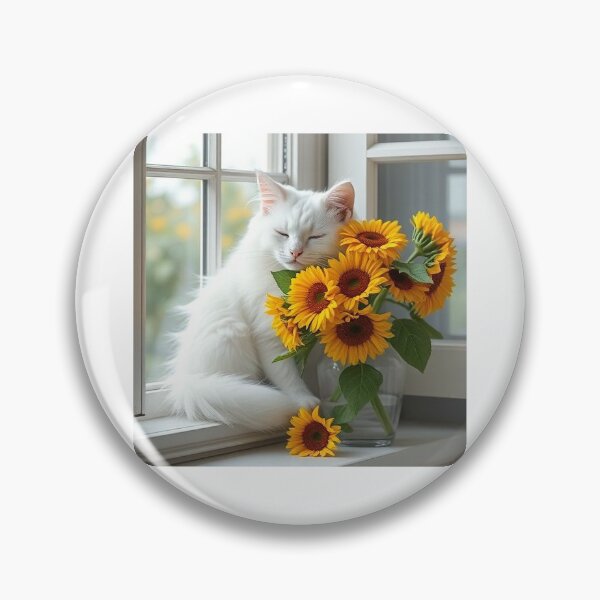 Item preview, Turkish angora asleep with vase of sunflowers designed and sold by l&jemporium .