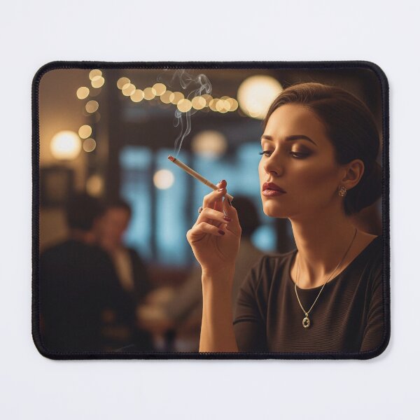 Item preview, Elegant Woman Smoking Indoors with Coffee in a Cozy Evening Café. designed and sold by Spark2Seduction.