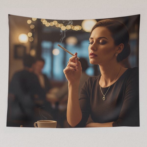 Item preview, Elegant Woman Smoking Indoors with Coffee in a Cozy Evening Café. designed and sold by Spark2Seduction.
