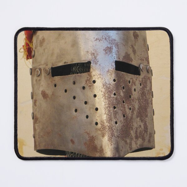 Item preview, Rusty Medieval Knight Helmet With Colorful Cloth Wrap and Weathered Chainmail Armor Display designed and sold by Nmallia.