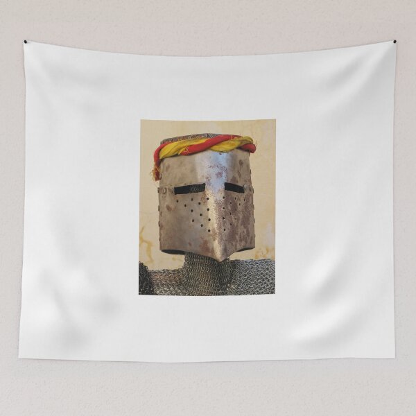 Item preview, Rusty Medieval Knight Helmet With Colorful Cloth Wrap and Weathered Chainmail Armor Display designed and sold by Nmallia.