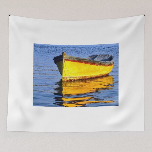 Item preview, Bright Yellow Boat Floats on Calm Blue Water with Golden Reflection designed and sold by Nmallia.