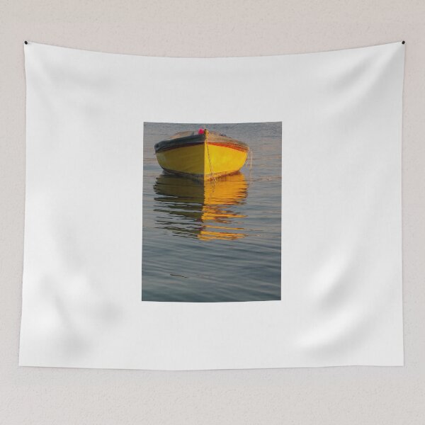 Item preview, Bright Yellow Boat Floats on Calm Blue Water with Golden Reflection designed and sold by Nmallia.