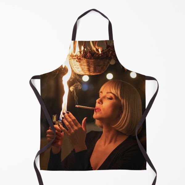 Aperçu de l'œuvre Une femme blonde chic allumant une cigarette sous un panier suspendu et l'enflammant. créée et vendue par Spark2Seduction.
