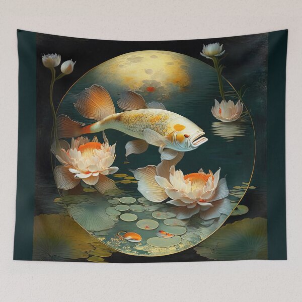 Item preview, Vintage Asian Style Koi Oil Painting In A Pond Among Lilies designed and sold by LanaGustavsson.