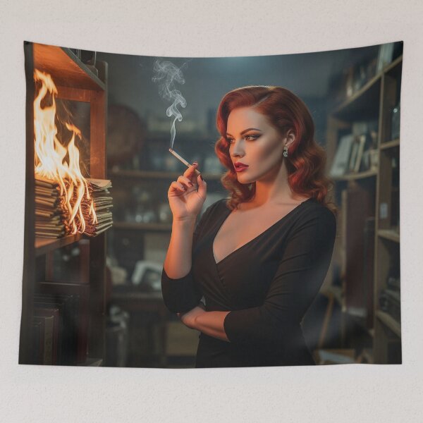 Item preview, Retro Femme Fatale Lighting Fire in Archive with Cigarette. designed and sold by Spark2Seduction.