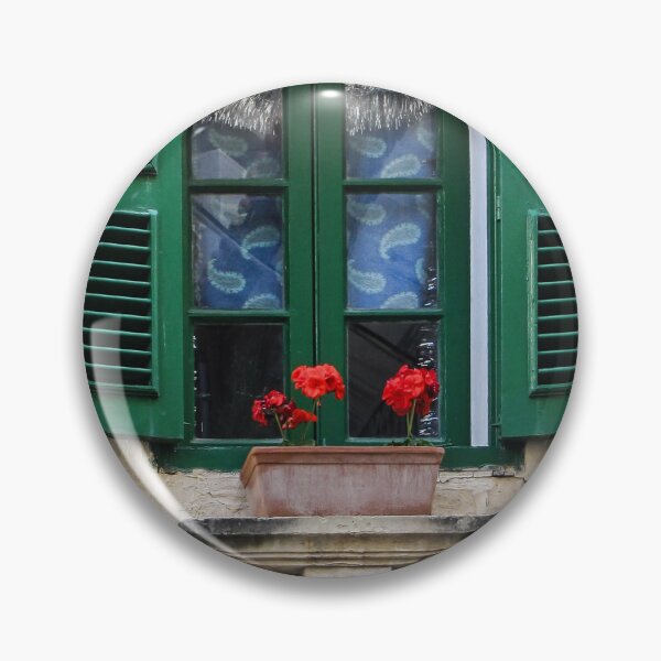 Item preview, Green Shutter Window With Red Geraniums In A Rustic Stone Building Facade And Window Box designed and sold by Nmallia.