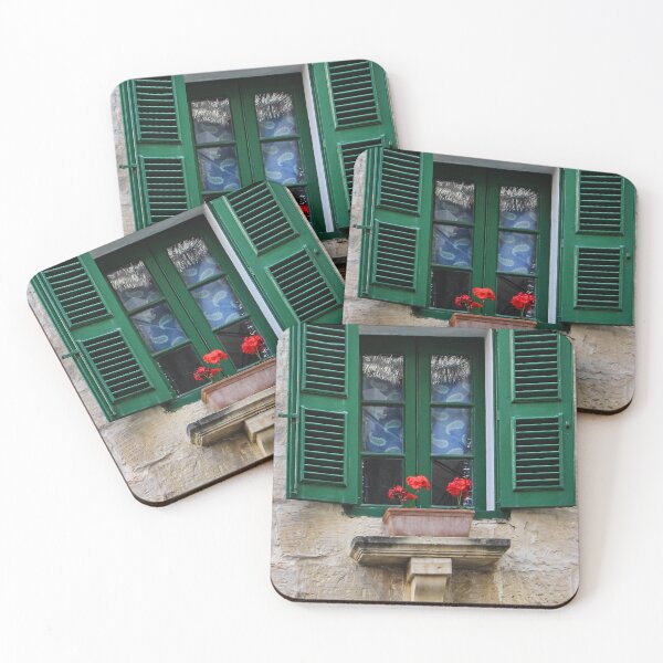 Item preview, Green Shutter Window With Red Geraniums In A Rustic Stone Building Facade And Window Box designed and sold by Nmallia.