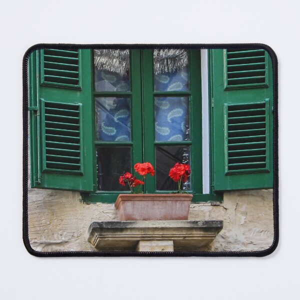 Item preview, Green Shutter Window With Red Geraniums In A Rustic Stone Building Facade And Window Box designed and sold by Nmallia.