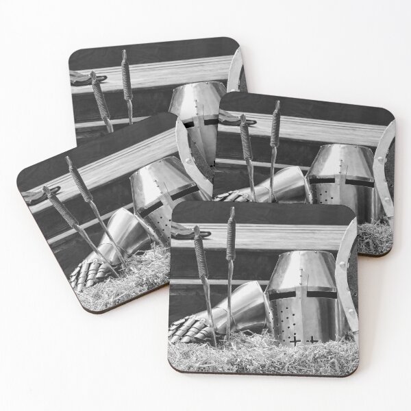 Item preview, Medieval Knight Helmet, Shield, and Gauntlets Resting on Hay with Battered Armor in a Quiet Display designed and sold by Nmallia.