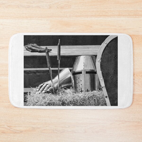 Item preview, Medieval Knight Helmet, Shield, and Gauntlets Resting on Hay with Battered Armor in a Quiet Display designed and sold by Nmallia.