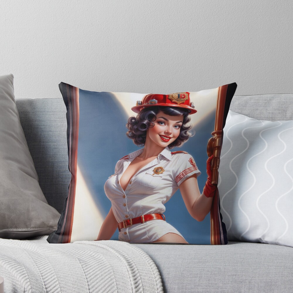 Retro Glamour Fiery Pinup Beauty Selvenia Selvina Gorgeous AI Concept Art by Xzendor7 Decorative Art Print Throw Pillow