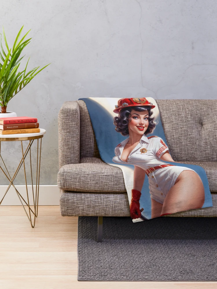 Retro Glamour Fiery Pinup Beauty Selvenia Selvina Gorgeous AI Concept Art by Xzendor7 Decorative Art Print Throw Blanket