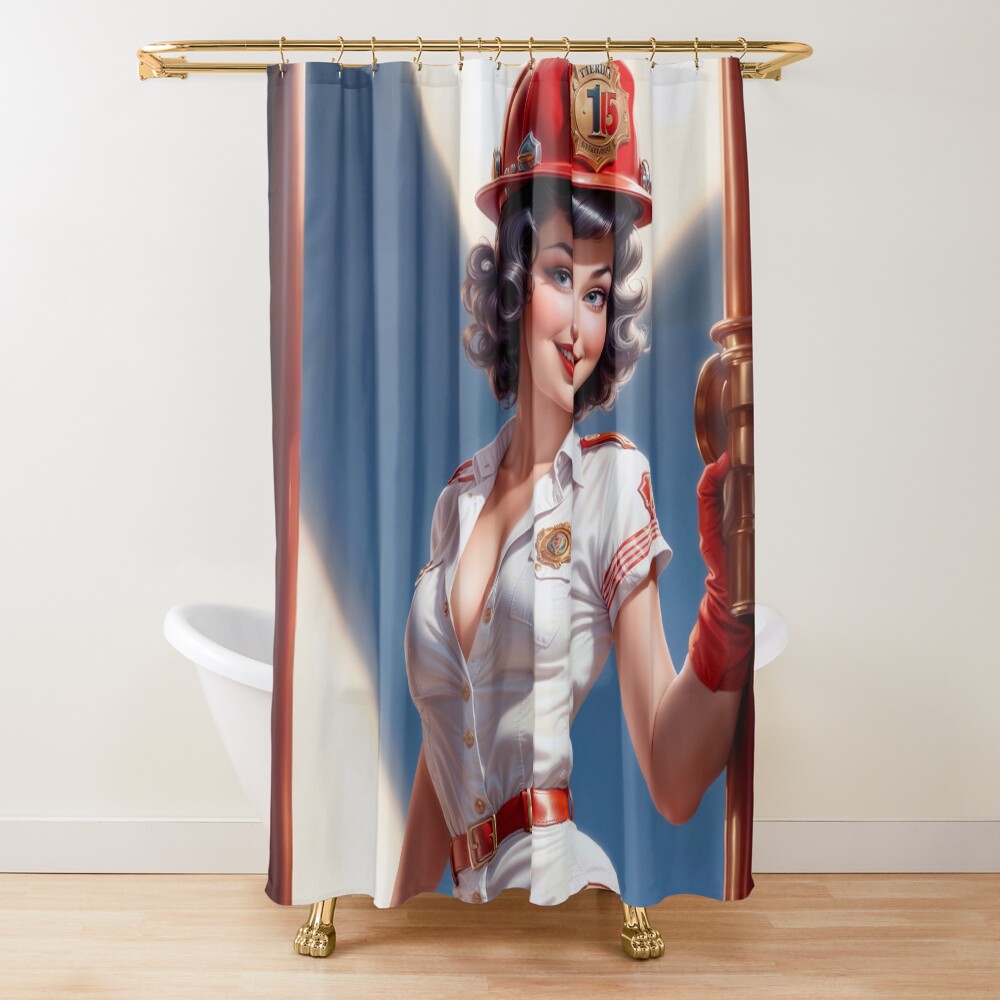 Retro Glamour Fiery Pinup Beauty Selvenia Selvina Gorgeous AI Concept Art by Xzendor7 Decorative Art Print Shower Curtain