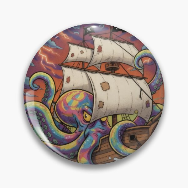 Artikelvorschau, Oktopus greift Piratenschiff an – Seeungeheuer-Abenteuer im Vintage-Comic-Stil – Dunkle Version entworfen und verkauft von Monkey Chéri Studio.