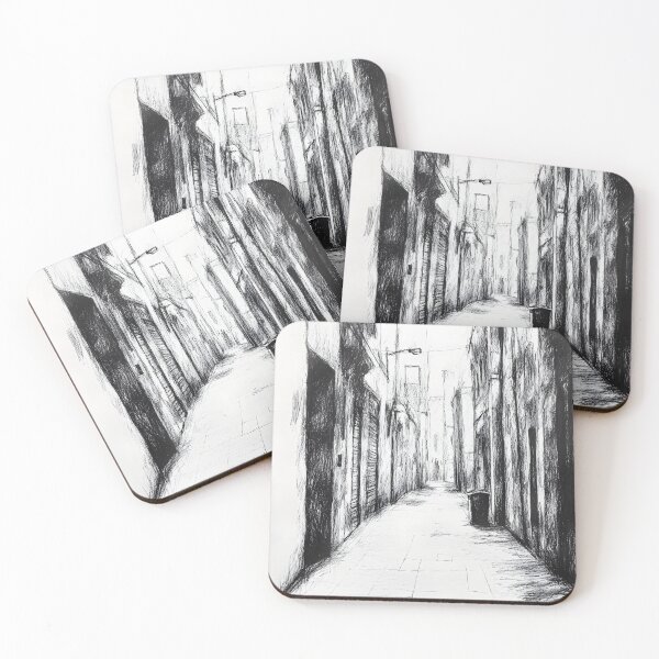 Item preview, A black-and-white, detailed charcoal sketch of a narrow, empty street in a rustic village designed and sold by MarcinJ84.