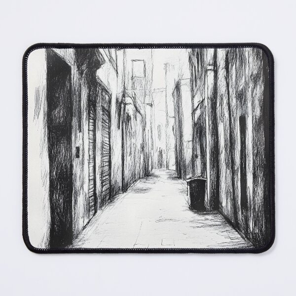 Item preview, A black-and-white, detailed charcoal sketch of a narrow, empty street in a rustic village designed and sold by MarcinJ84.