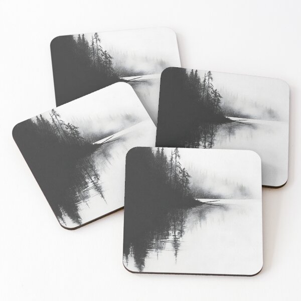 Item preview, A chill, black-and-white shot of a misty lake reflecting tall, dark pine trees designed and sold by MarcinJ84.