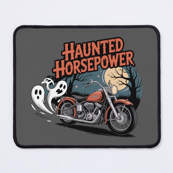Item preview, Phantom Piston Heads: A classic '60s-style chopper, with a trail of ghoulish ghost shapes from its twin exhausts. For the Halloween Festive Season designed and sold by Grang Art Artistic Designs.