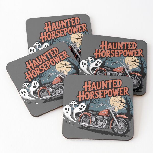 Item preview, Phantom Piston Heads: A classic '60s-style chopper, with a trail of ghoulish ghost shapes from its twin exhausts. For the Halloween Festive Season designed and sold by Grang Art Artistic Designs.