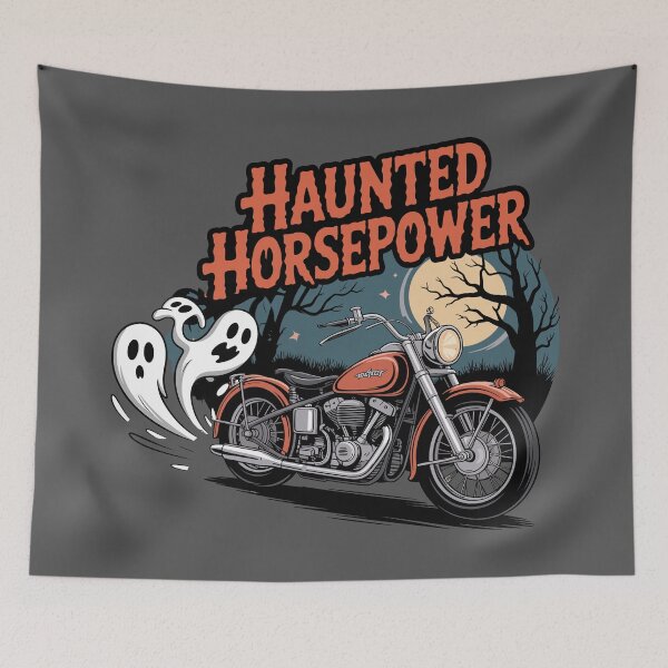 Item preview, Phantom Piston Heads: A classic '60s-style chopper, with a trail of ghoulish ghost shapes from its twin exhausts. For the Halloween Festive Season designed and sold by Grang Art Artistic Designs.